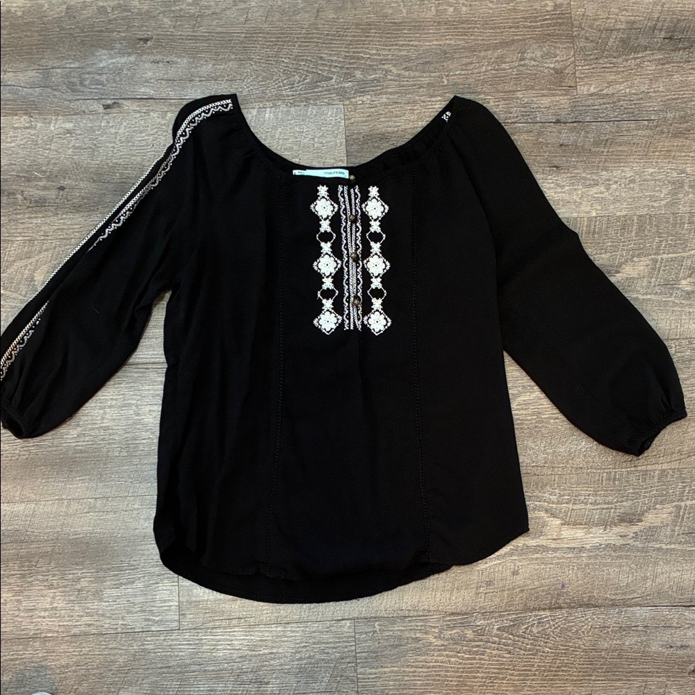 Maurices Black Blouse with White Embroidery